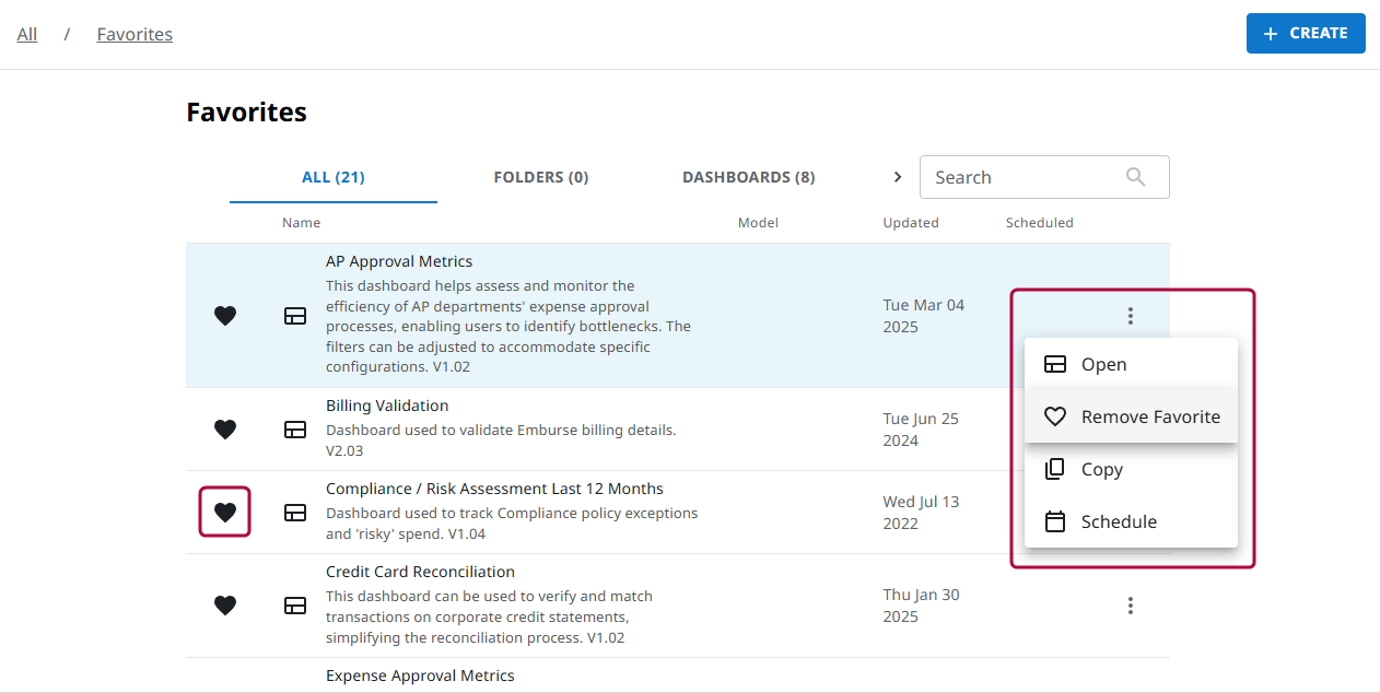 Folder view with a solid black heart highlighted to the left of one report and the More Actions menu open on another report with Remove Favorite selected