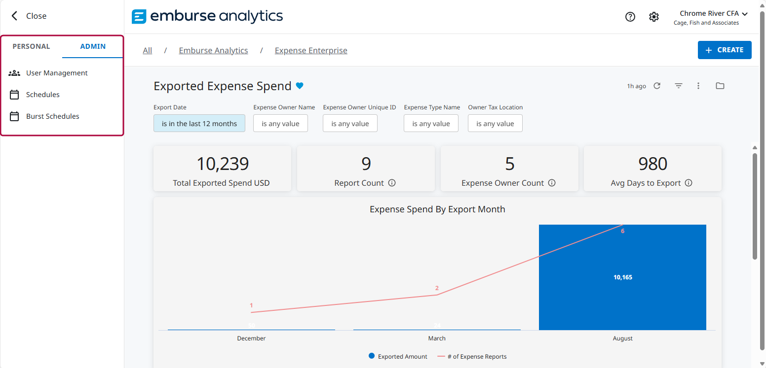 Emburse Analytics home screen with admin menu on the left highlighted