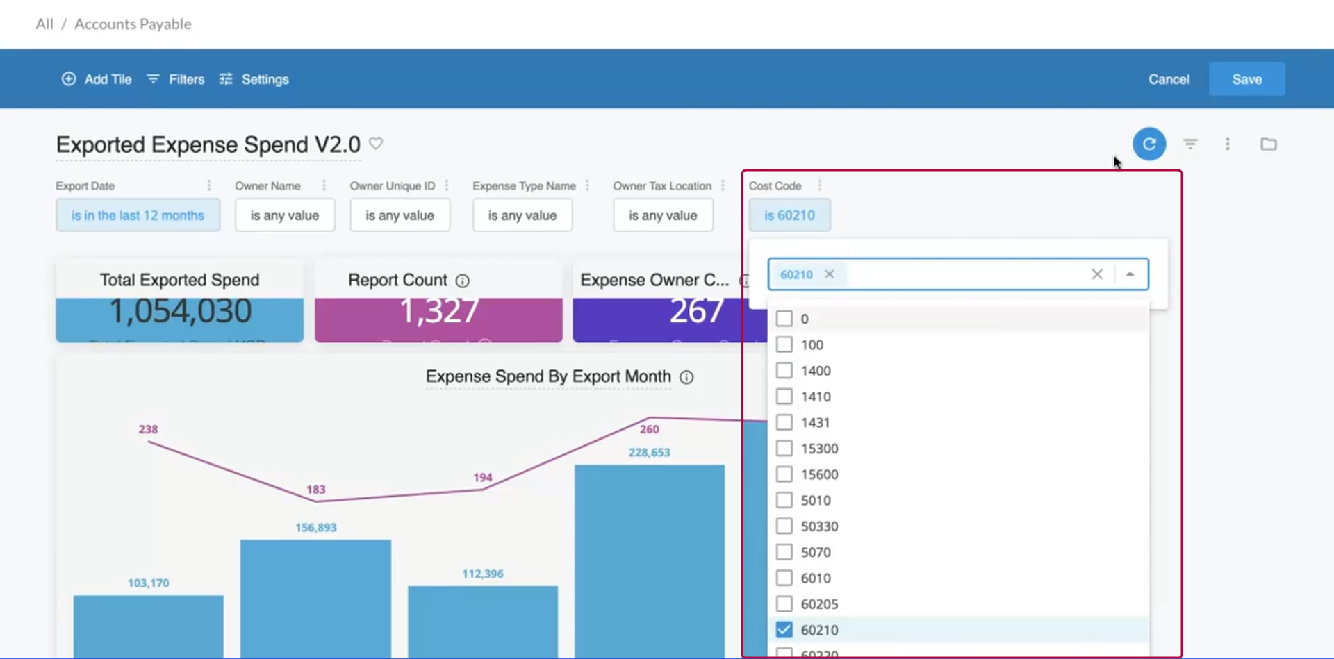 Filter configuration panel with default value field.