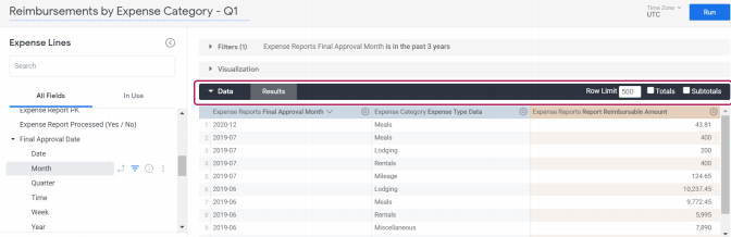 Selecting a field adds it to the Data section as a new column.