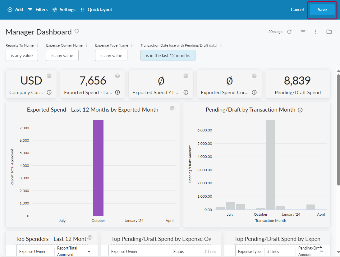 Save button in the dashboard header.