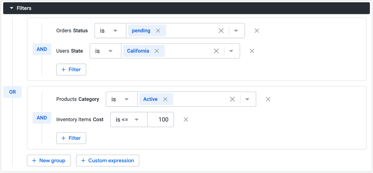 Example of complex filter logic using nested AND and OR operators.