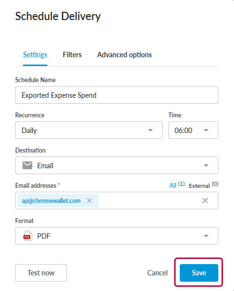 Schedule Delivery pane showing schedule parameters and the Save option