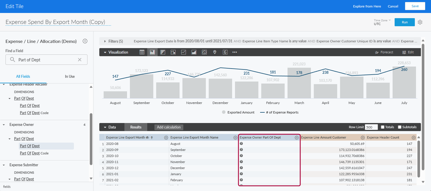 Find A Field search showing Part Of Dept under Expense Owner dimensions