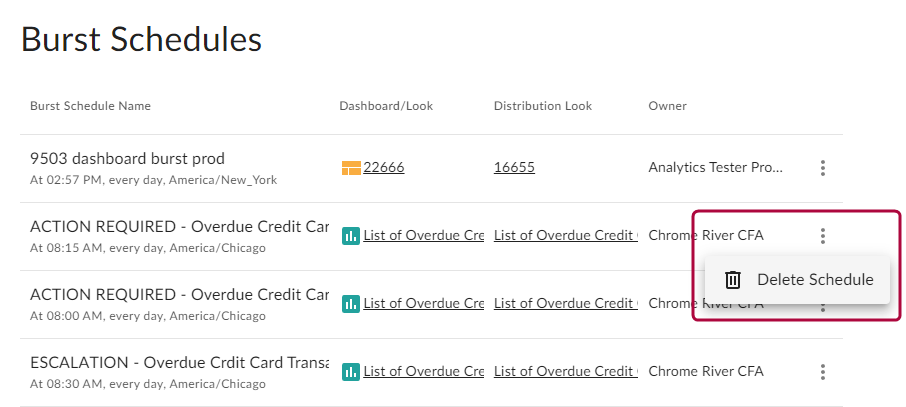 More Actions menu with Delete Schedule option.