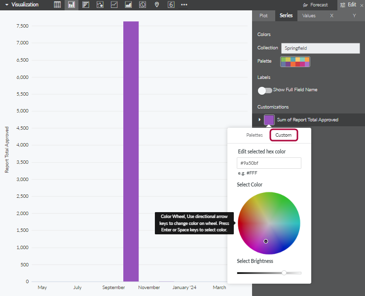 Custom color picker with hex field and brightness control.