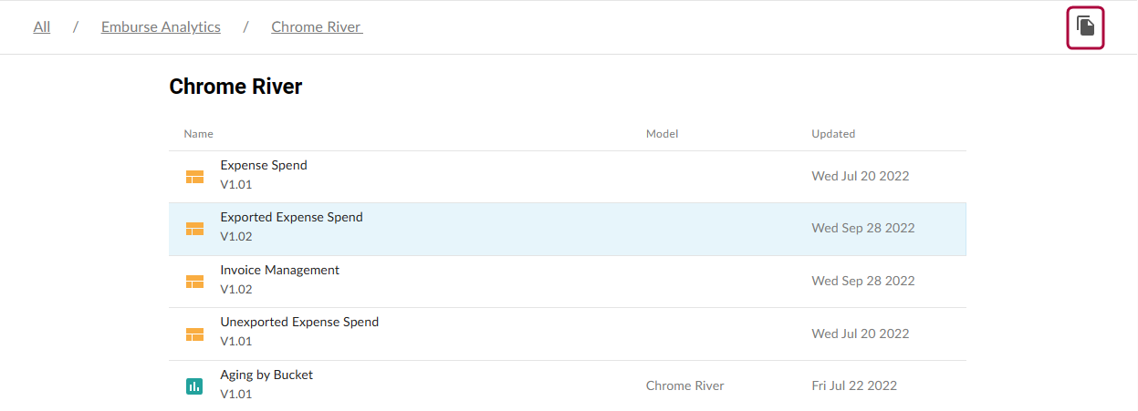 Dashboard selected in a folder with the Copy option in the upper right