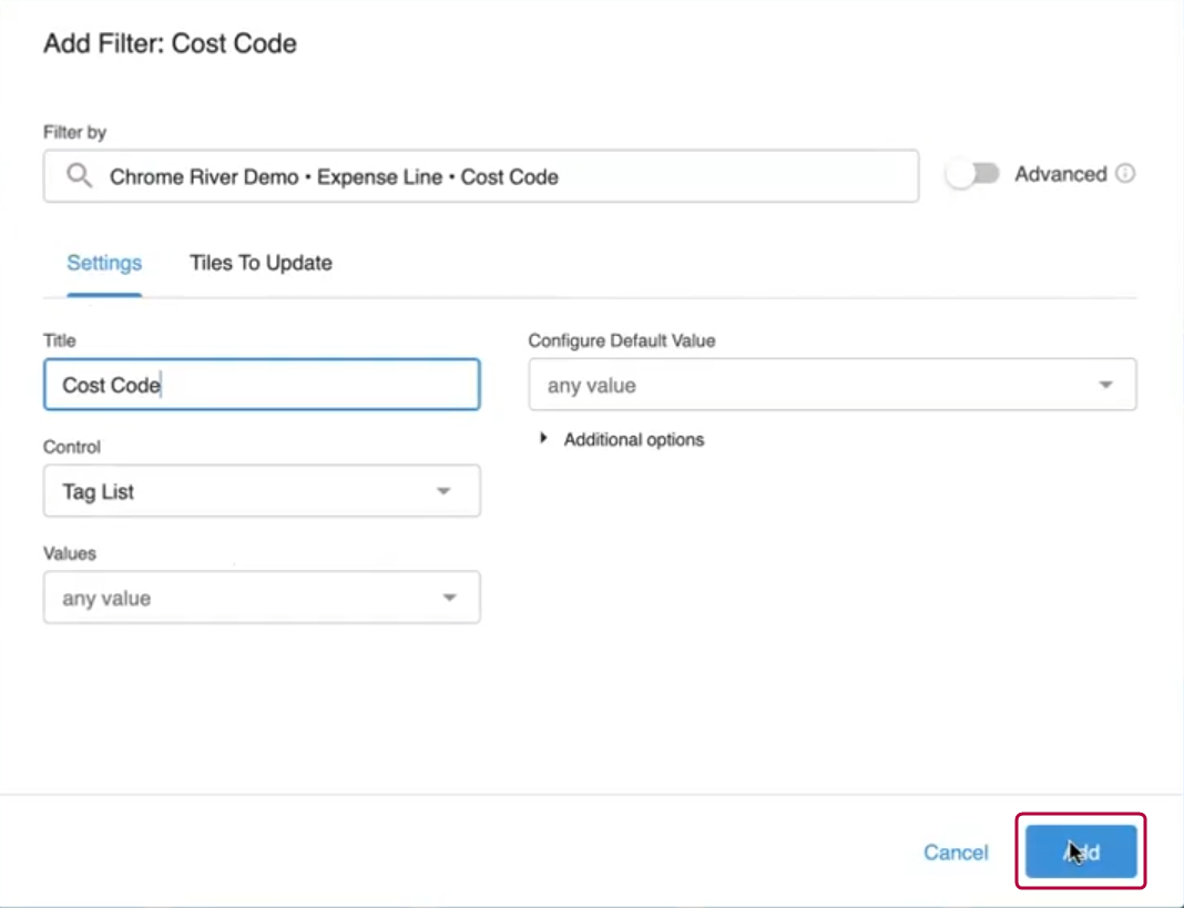 Add button in the Add Filter dialog.