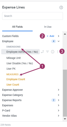 Field selector showing available dimensions and measures.