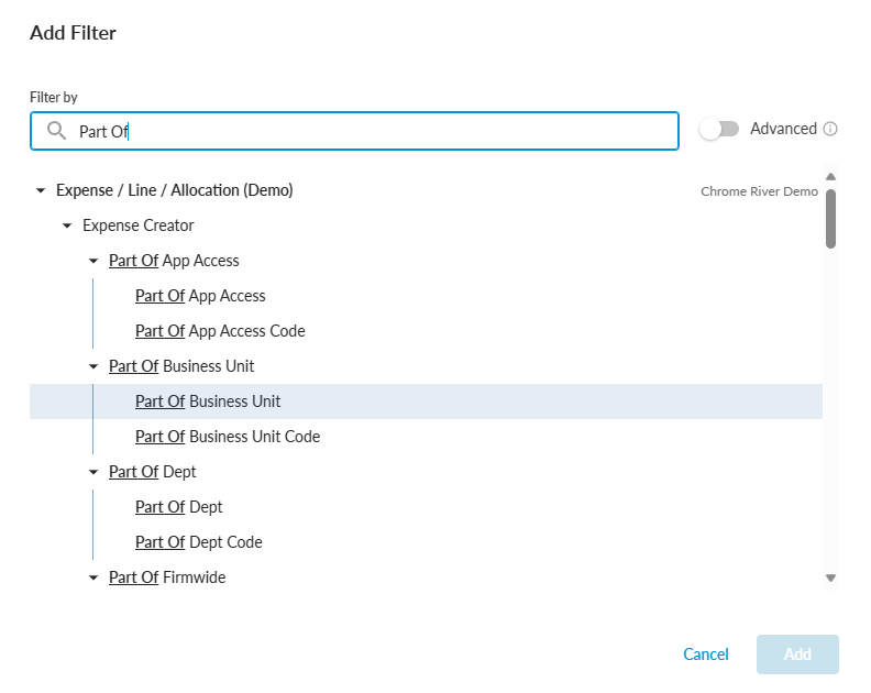 Filter By field search showing matching fields in a list