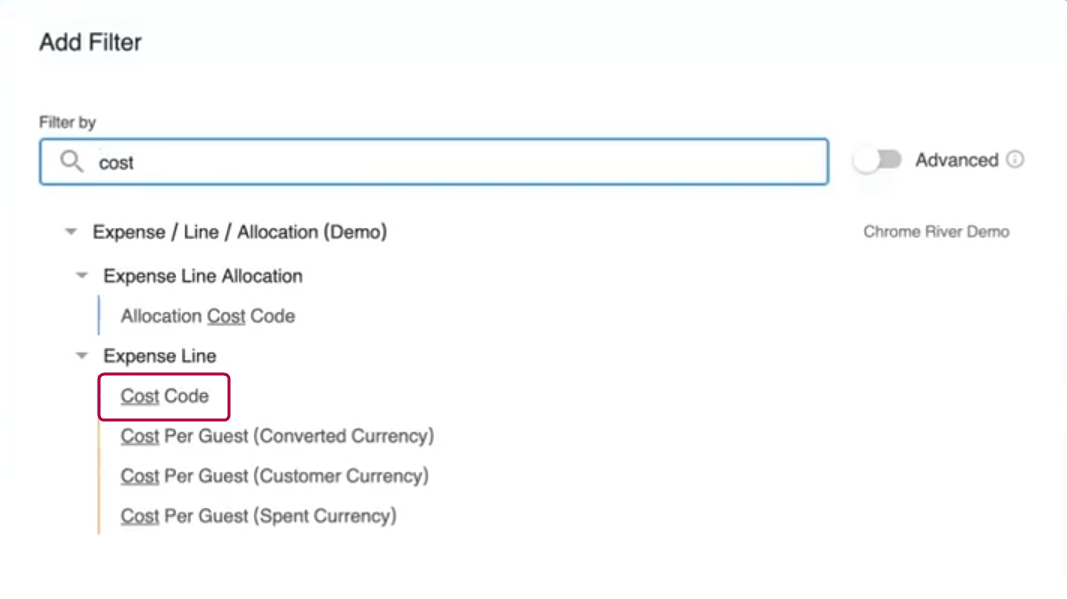 Search box showing field search results.