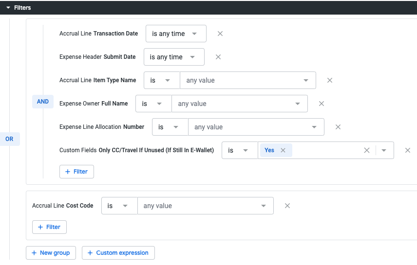Filters section showing filter fields and drop-down menus.