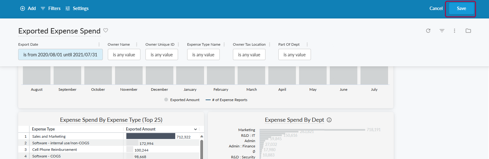 Dashboard editor with Save option in the upper right
