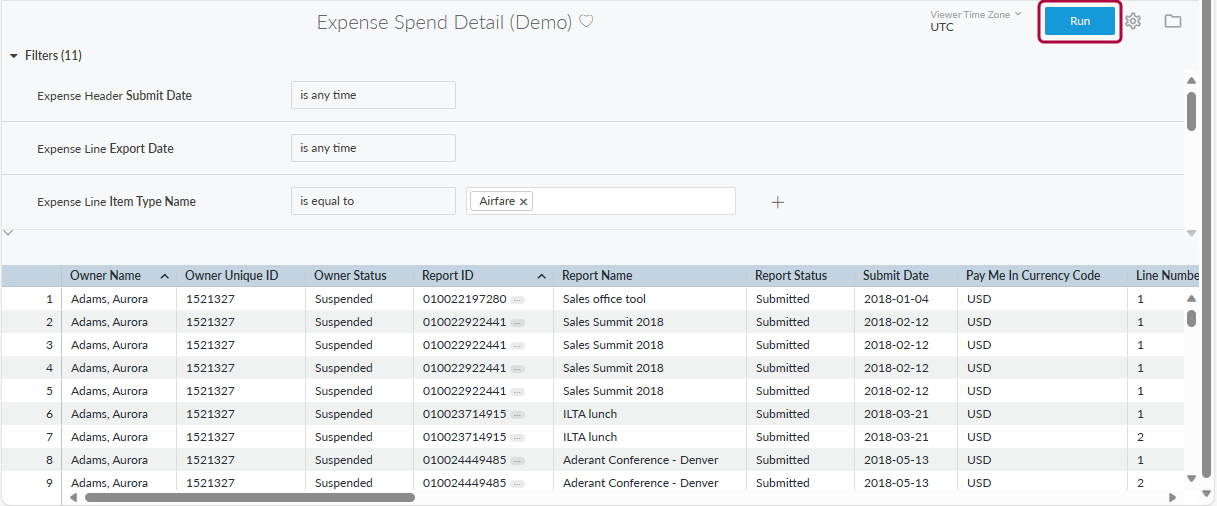 Filters panel with Run option to refresh the report results