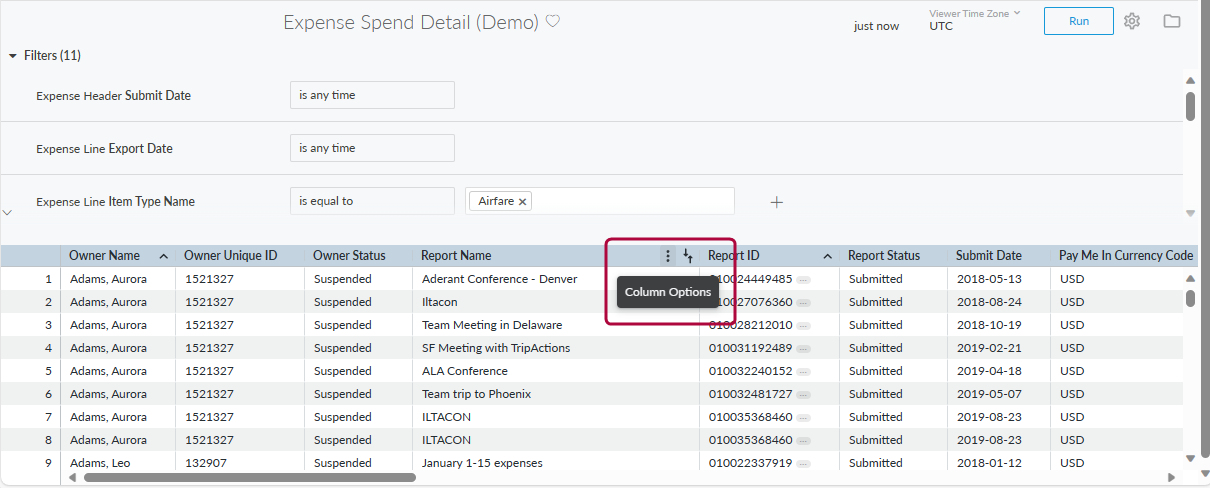 Table column header showing Column Options (three dots) and sort controls