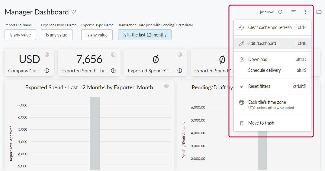 Dashboard menu with Edit Dashboard option selected.