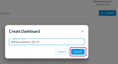 Create Dashboard window with name field and Create button.