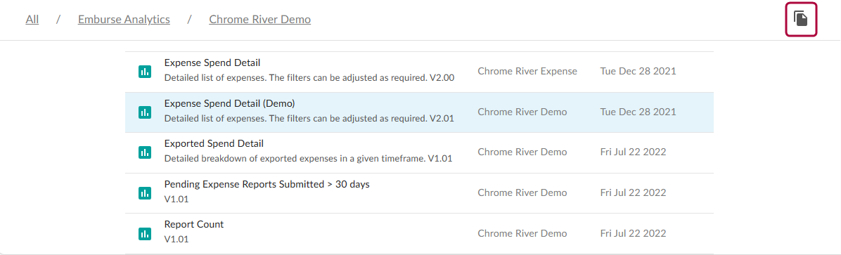 Standard report selected in a folder with Copy option in the upper right