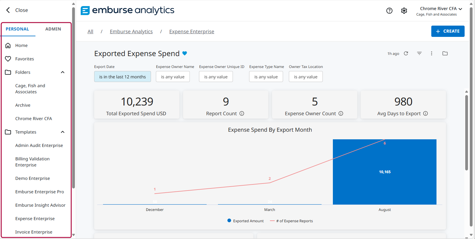 Navigation panel open with the Personal tab highlighted.