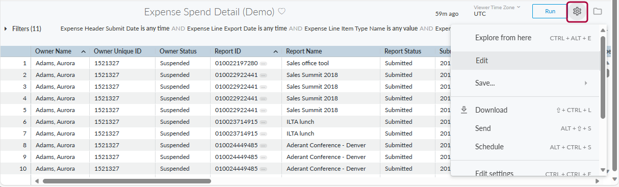 Explore Actions (gear) menu showing the Edit option