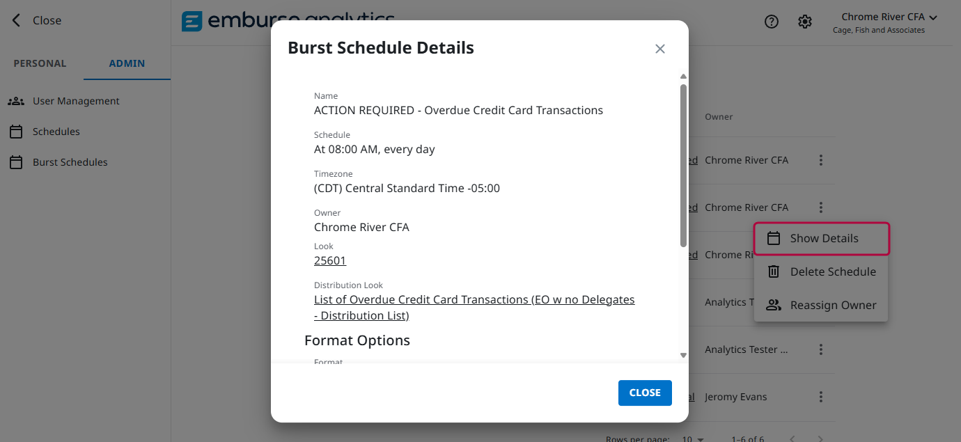 View of Burst Schedle Details pop-up after selecting Show Details