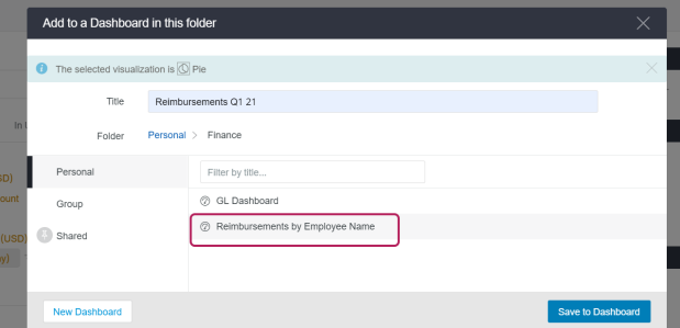 Newly created dashboard shown as an option in the dashboard list.