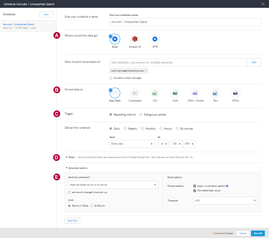 Scheduling window showing delivery setup sections for destination, format, trigger, filters, and advanced options