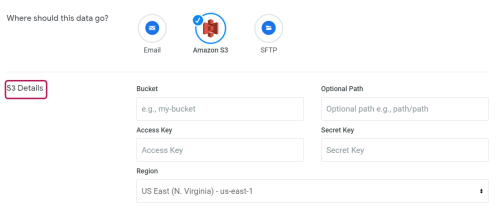 Amazon S3 delivery settings fields for bucket and connection details