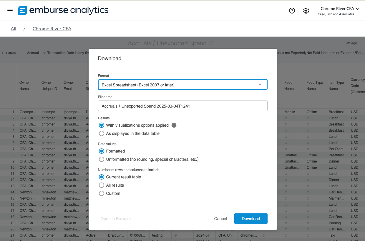 Download report dialog showing Excel (XLSX) as the default format