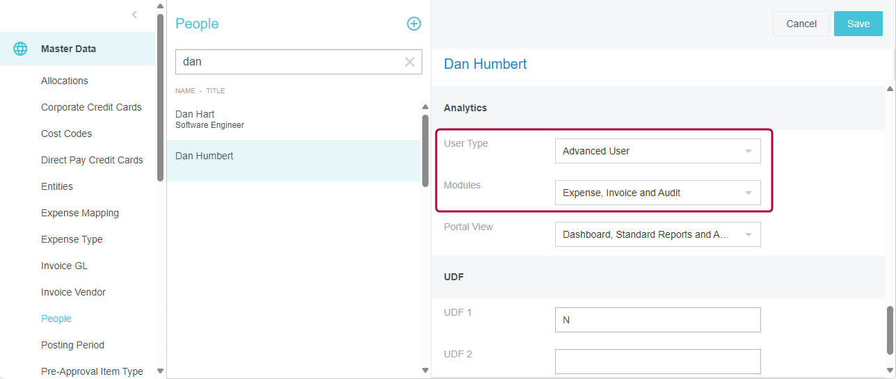 Admin Audit dashboard folder location in Emburse Analytics navigation