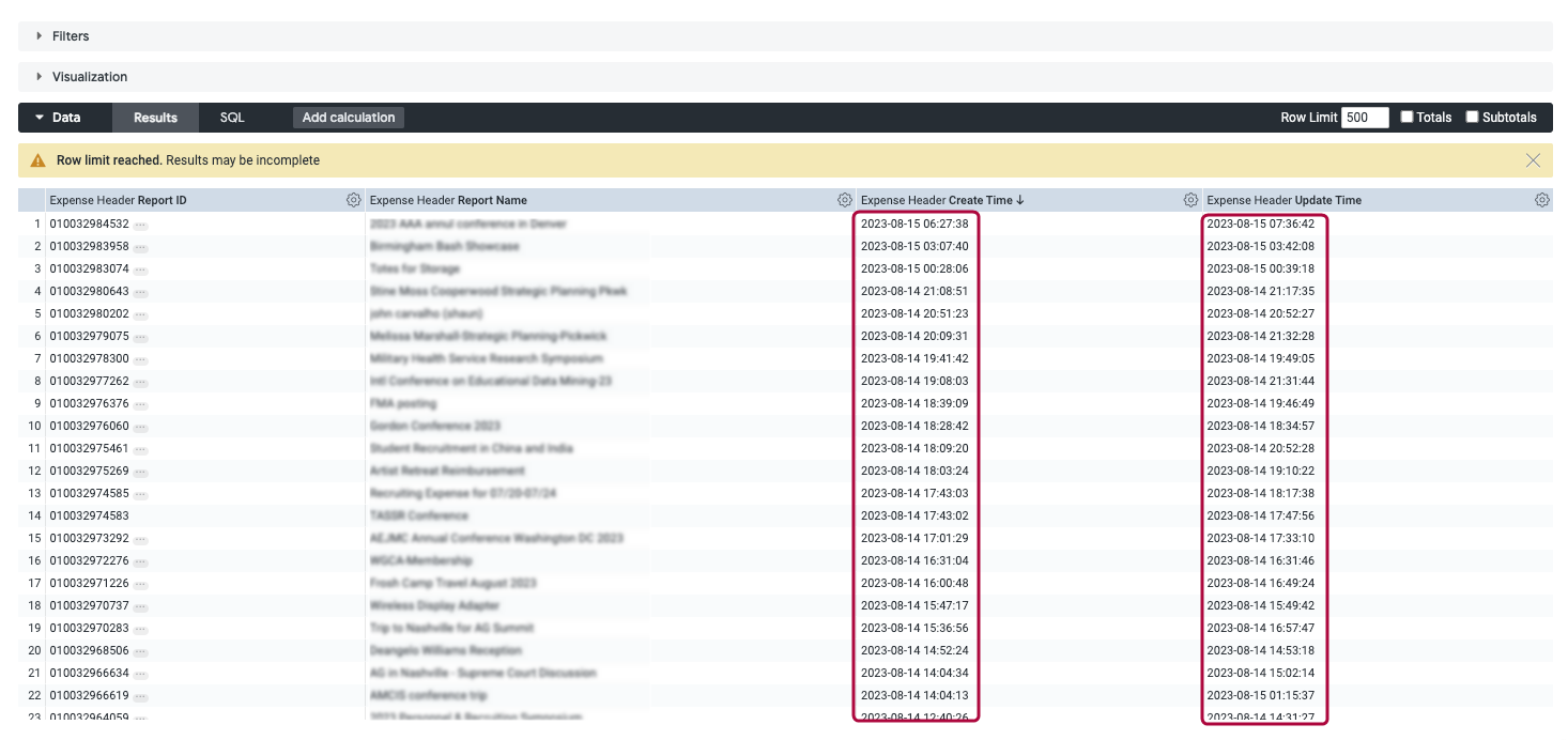 Date field in Emburse Analytics showing HH:MM:SS timestamp option