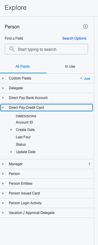 Person reference model showing Direct Pay Credit Card fields with last four digits and status