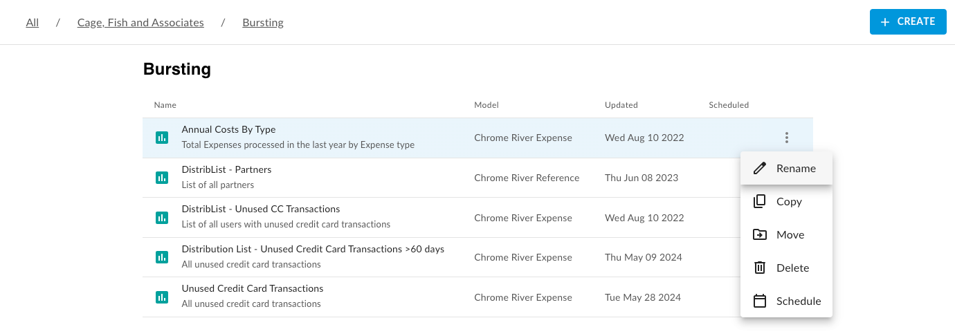 Folder view showing three-dots action menu for report, dashboard, or folder
