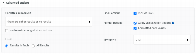 Advanced options section showing send conditions, limits, format options, and timezone selection