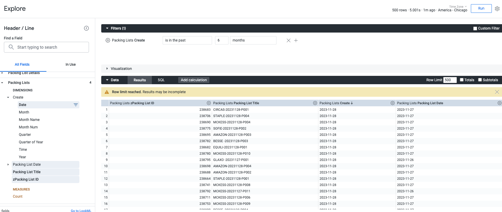 Certify AP Explore showing the Packing List Create Date field