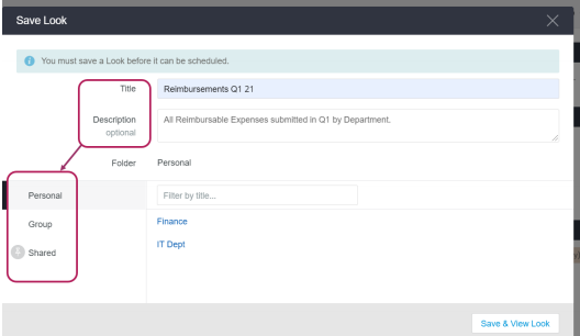 Save and Schedule screen with title, description, and folder selection.
