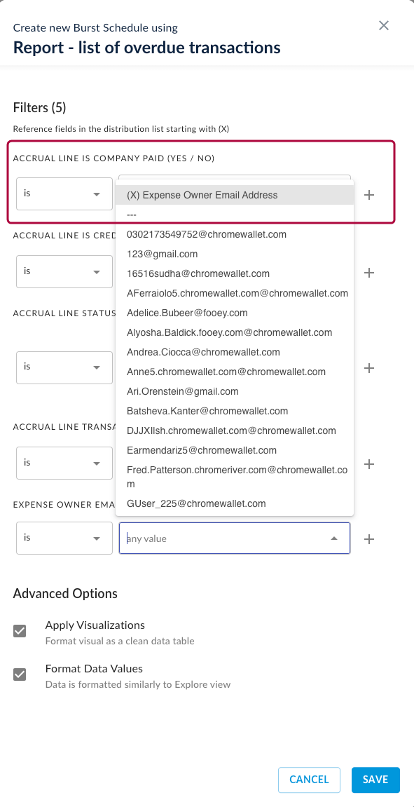 Filter mapping screen for a bursted schedule with fields mapped and the Save option.