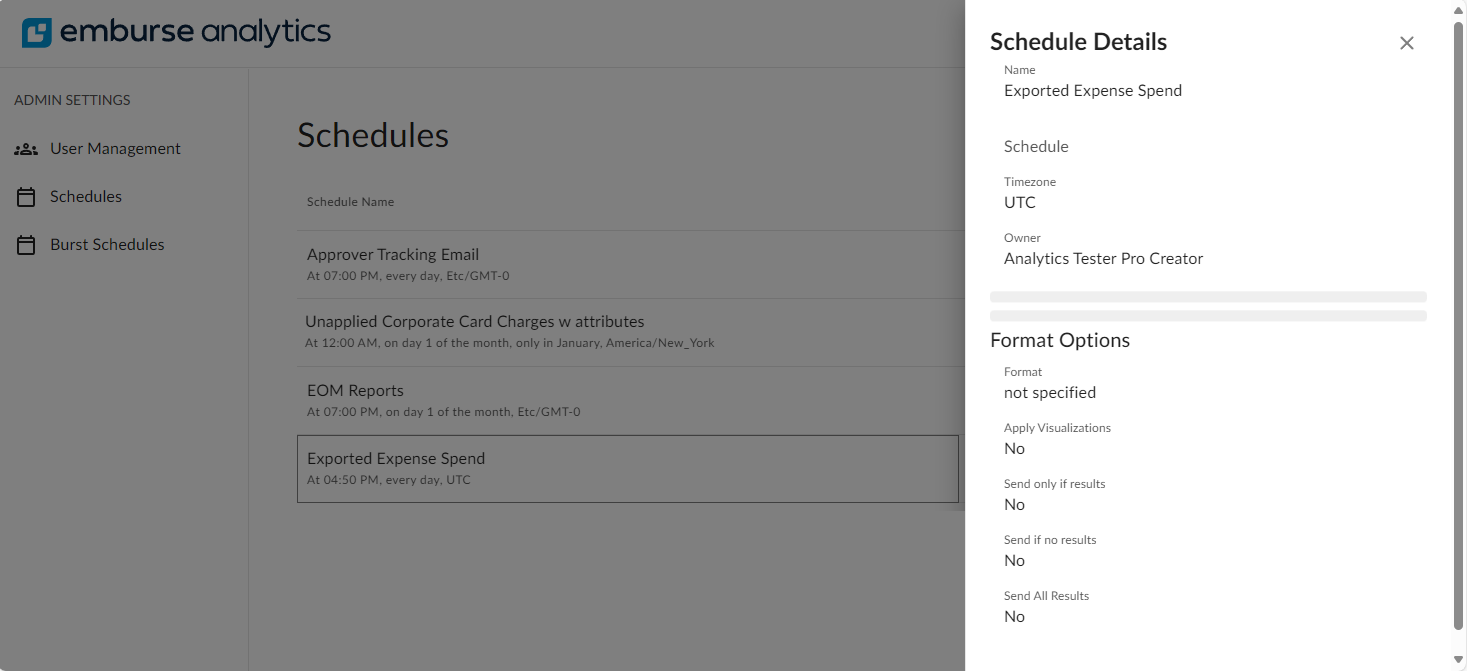 Schedule details view showing configuration information.