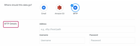 SFTP delivery settings fields for server, port, credentials, and destination path