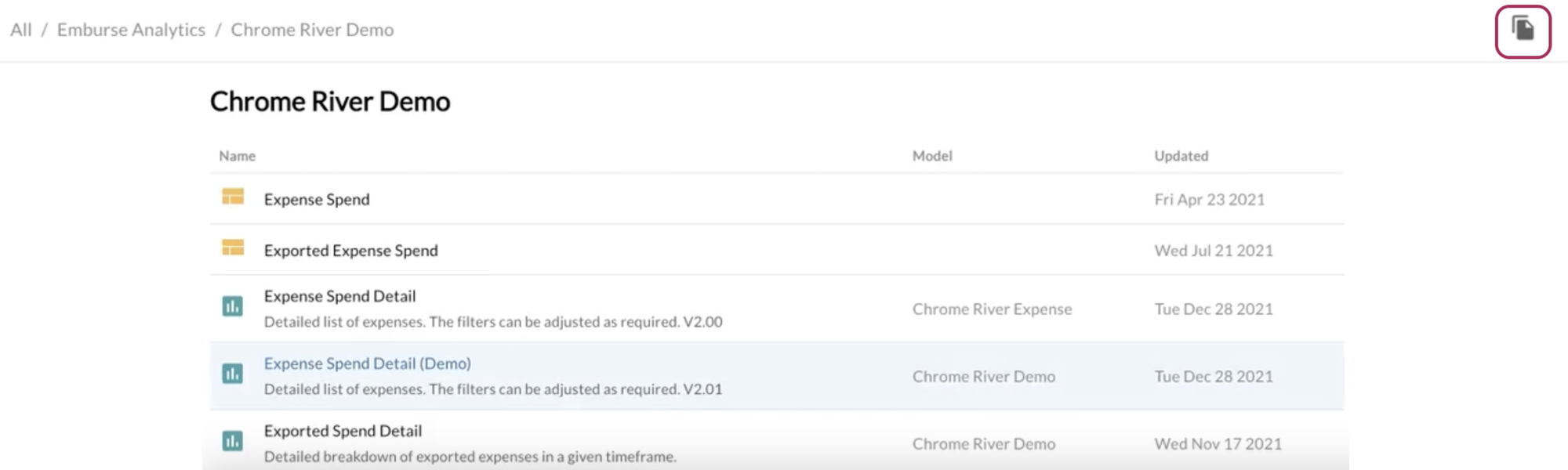 Copy button in the upper right corner of the report page.