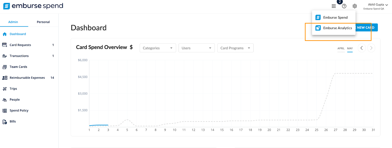 Emburse Spend App Switcher menu with Emburse Analytics option available.