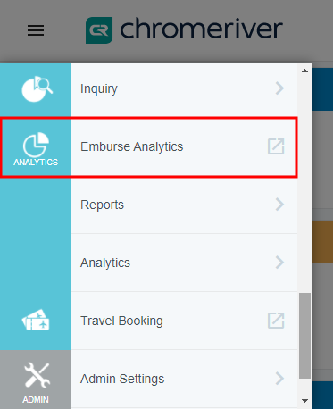 Emburse Enterprise menu with Emburse Analytics highlighted.