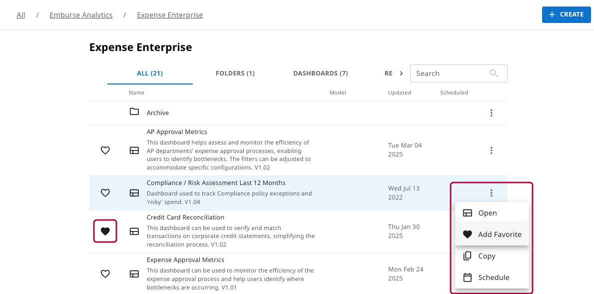 Folder view showing the More Actions menu with Add Favorite selected.