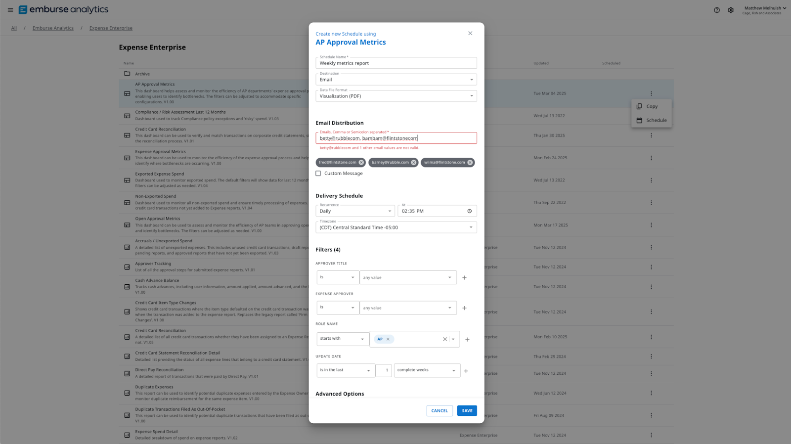 Schedule setup interface showing comma-separated email address input field for distribution list configuration.