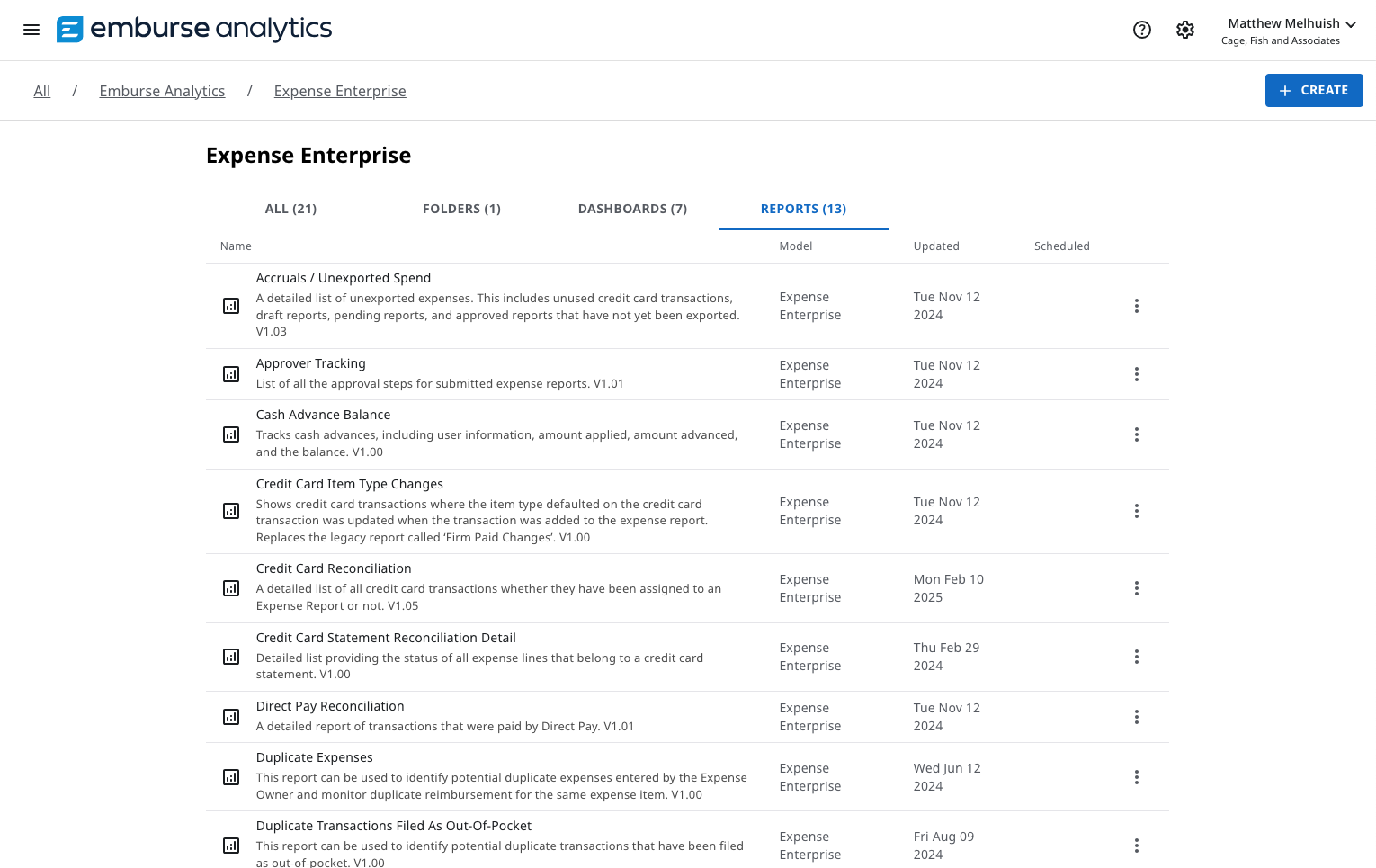Tabbed folder view showing All, Folders, Dashboards, and Reports tabs in Emburse Analytics