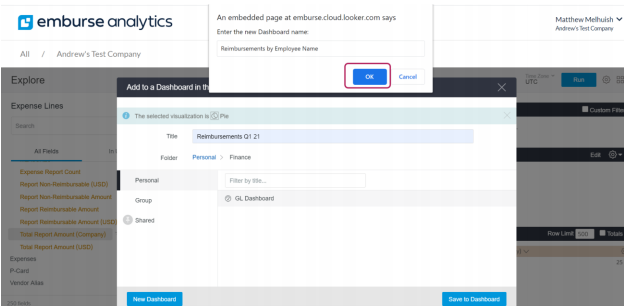 New Dashboard pop-up window with name field and OK button.