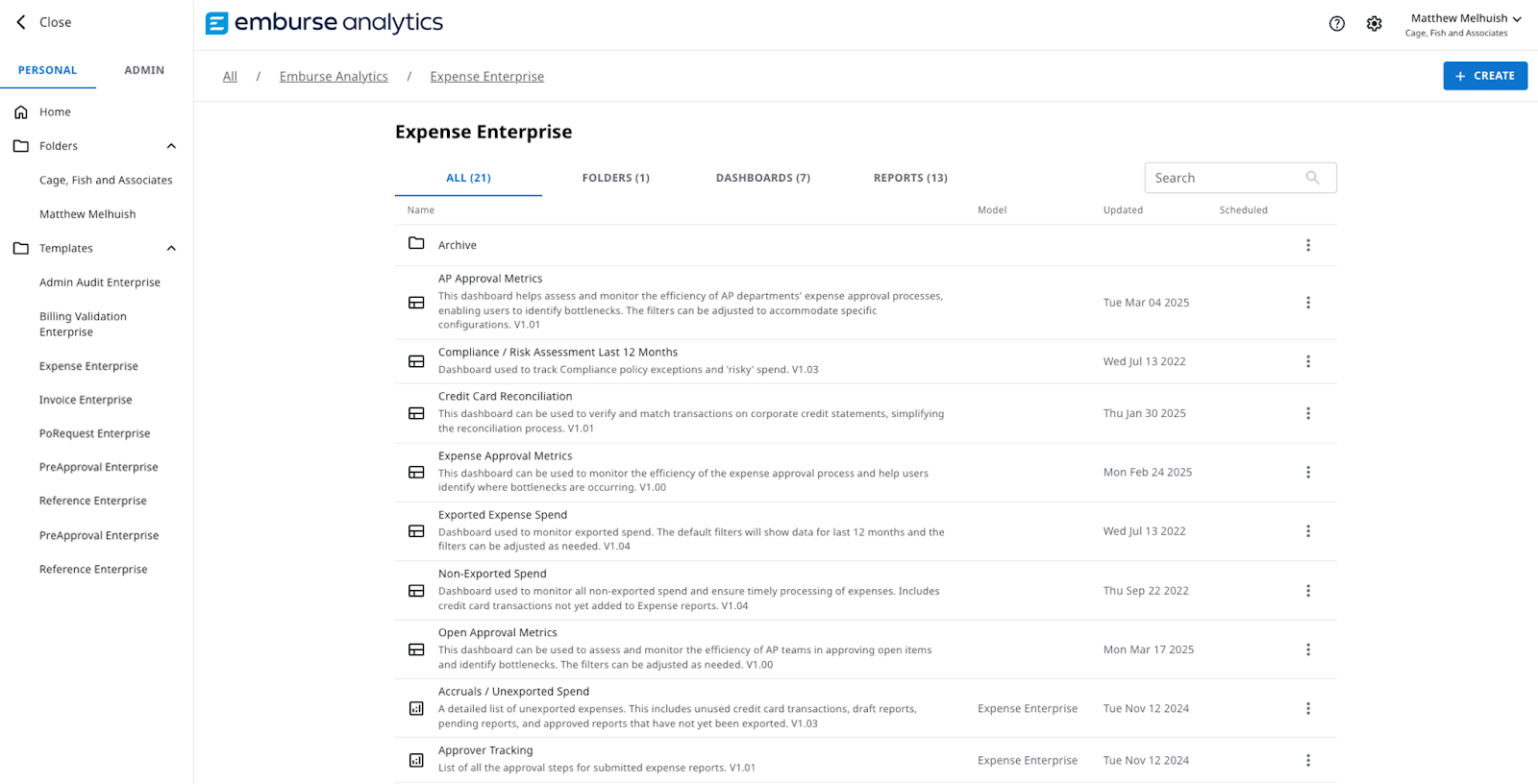 Main menu in Emburse Analytics showing expanded Folders and Templates