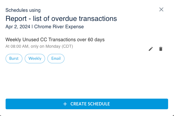 Schedule setup showing Burst Schedule option with dynamic distribution list