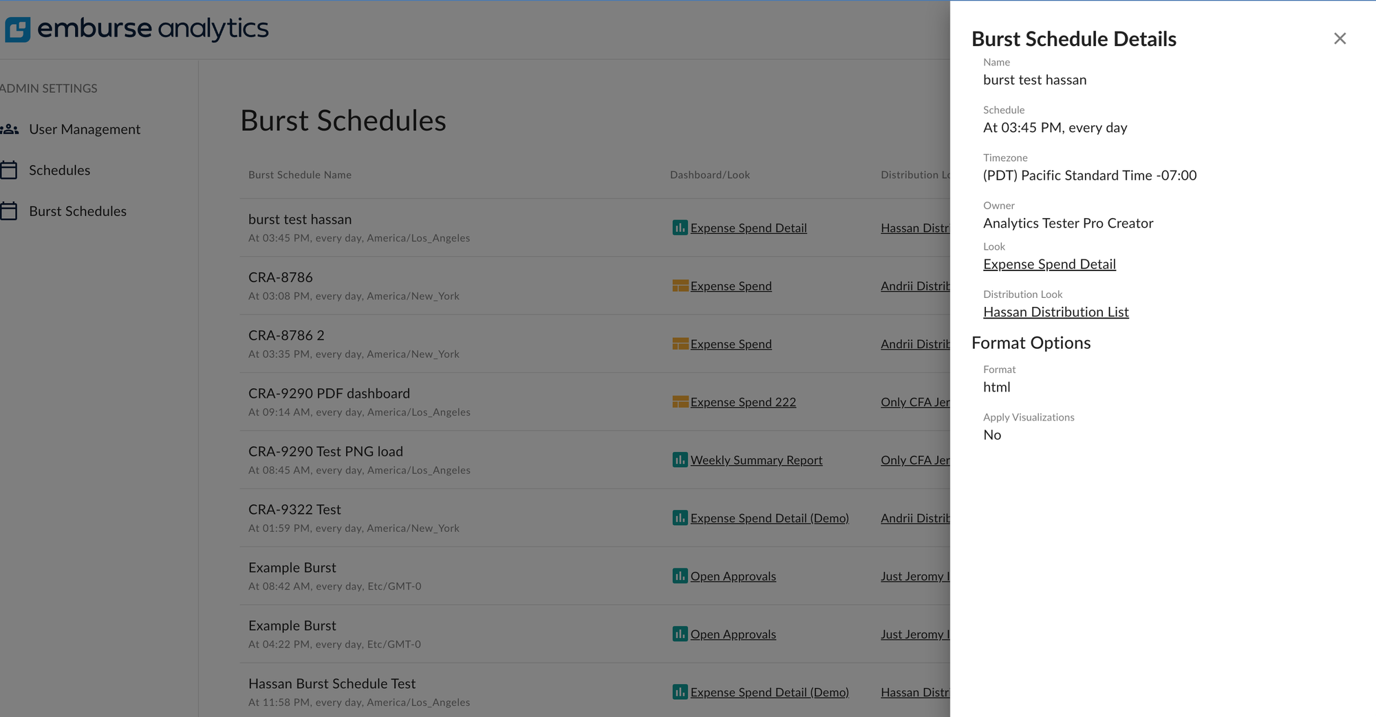 Burst Schedules Admin screen showing list of bursted schedules and configuration
