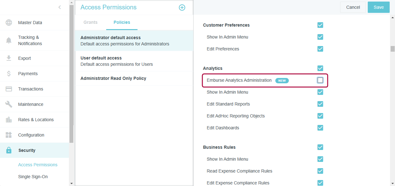 Emburse Enterprise Access Permissions screen showing Emburse Analytics Administration option under Analytics.
